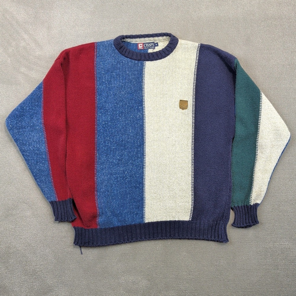 Chaps Ralph Lauren Sweater Mens XL Vintage 90s Colorblock Knit Crewneck Navy Red